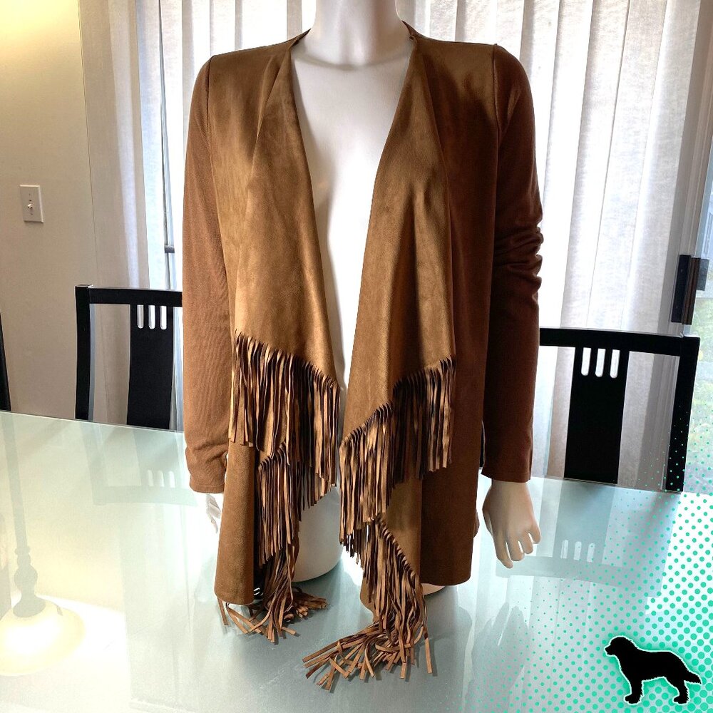 INC Tan Brown Wrap Waterfall Lightweight Sweater with Faux Suede Fringe M Medium